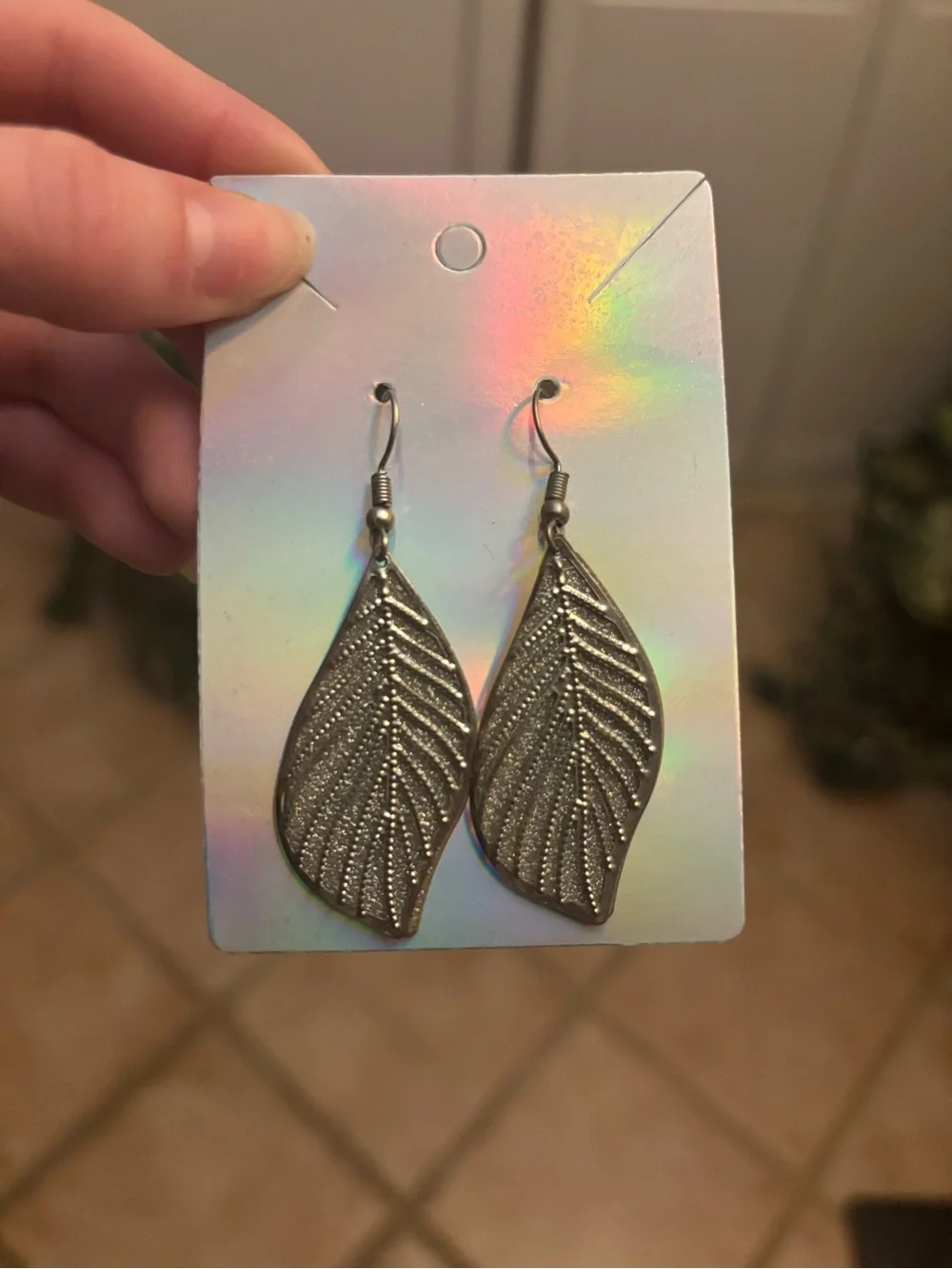 Silver Glitter Leaf Earrings